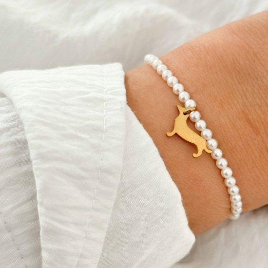 Armband Dackel Edelstahl Gold Perlmutt