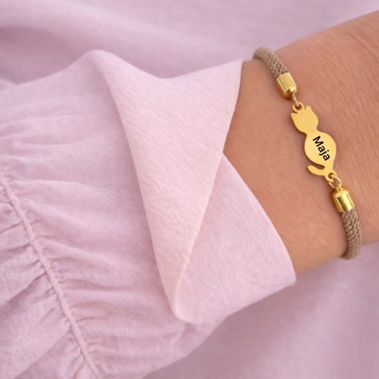 Armband Gravur Katze Gold Nylonkordel
