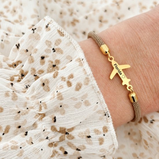 Armband Gravur Flugzeug Nylonkordel Gold